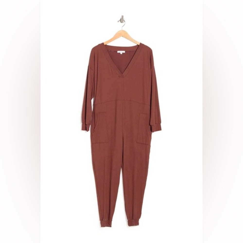 SOCIALITE Long Sleeve V-neck Jumpsuit In Brown